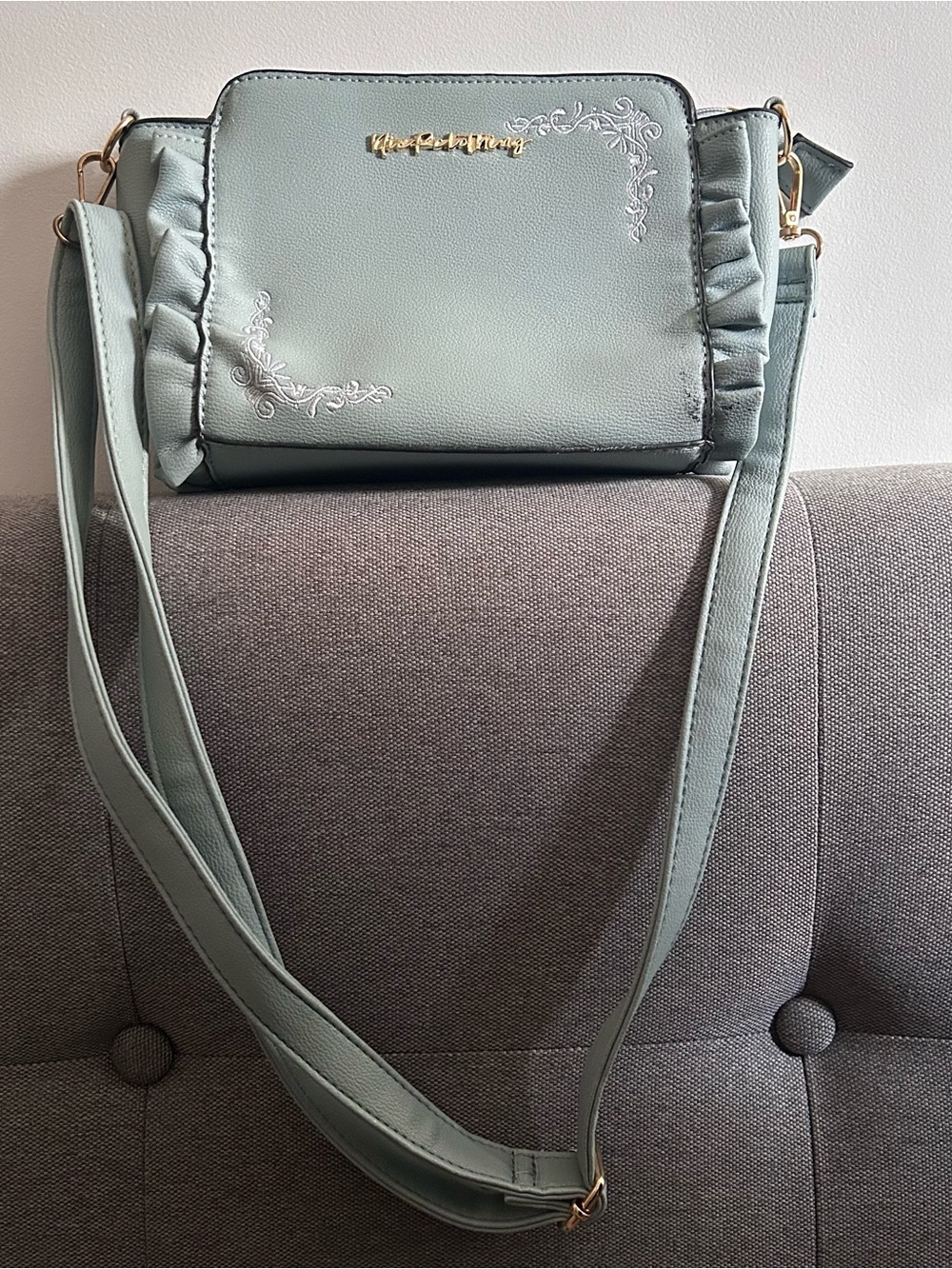 Japanese Teal Crossbody Bag with White Embroidery Gold Accents